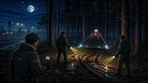 Pixel art Rendlesham Forest UFO scene with USAF personnel, flashlight beams, pine trees, and a triangular craft near a military base