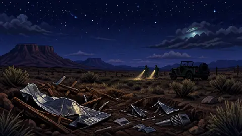 Pixel art Roswell debris field with military investigators under a starry New Mexico sky