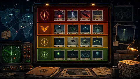 Pixel art UFO sighting tier list evidence board with case-file cards, radar screen, maps, and source folders
