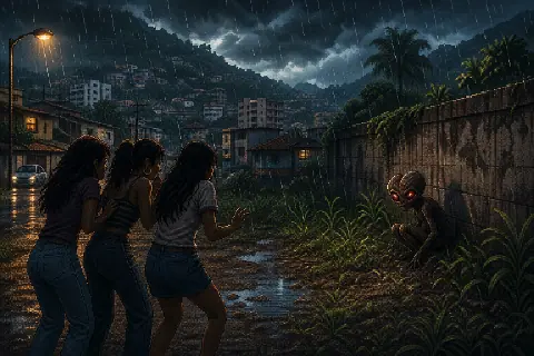 Pixel art Varginha, Brazil rainstorm scene with three young women encountering a small red-eyed figure near a wall