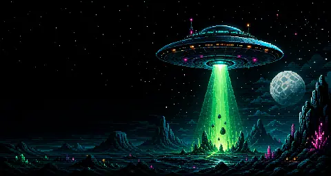 Pixel art night sky with a luminous unidentified object above an observation landscape